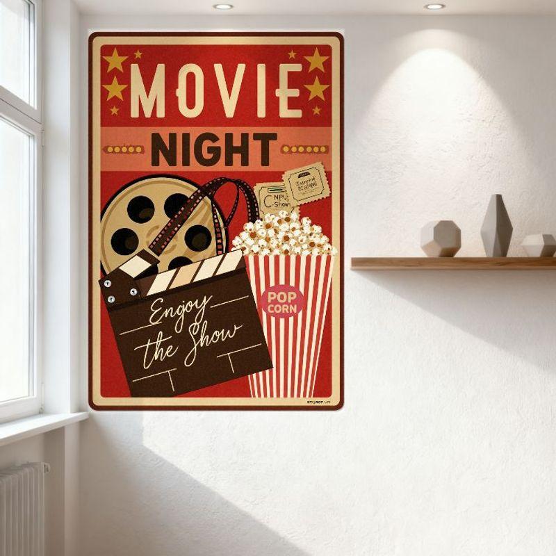 Vintage Red Movie Night Metal Tin Sign with Film Reel, Clapperboard, Popcorn - Decor for Cinema Bar Man Cave Home Restaurant