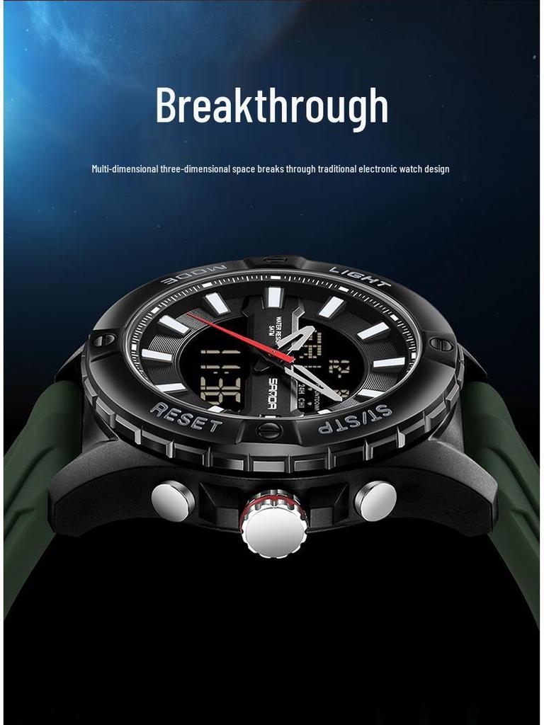 SANDA Multifunctional Outdoor Waterproof Watch with Three-Time Zone and Calendar Features for Students