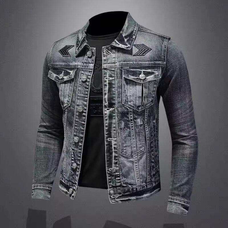 Men s Slim Fit Retro Denim Motorcycle Jacket with Lapel L