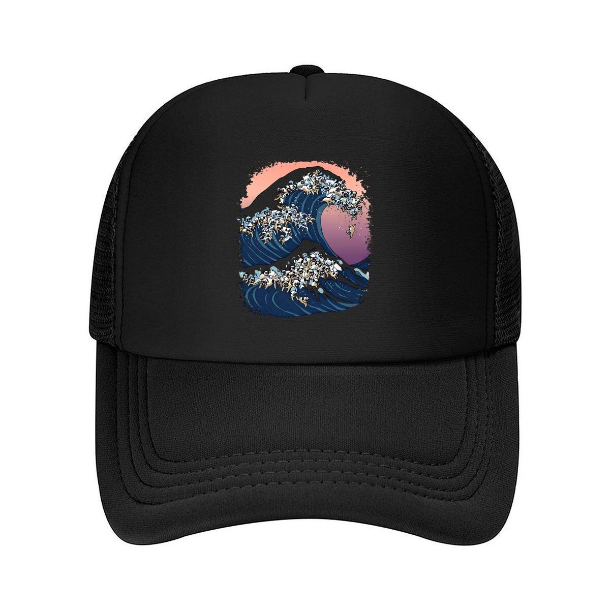 Wave of Cats Whimsical, Cat - Filled ‘Great Wave’ Parody Art Mesh Baseball Cap One Size