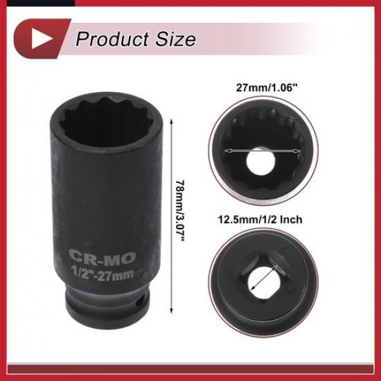 Universal 1/2 Inch Drive Impact Socket 27mm 12 Point High Carbon Steel 1 Pc