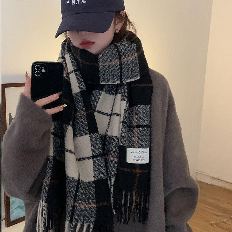 Korean Style Plaid Mohair Scarf - Women's Winter Imitation Cashmere Shawl