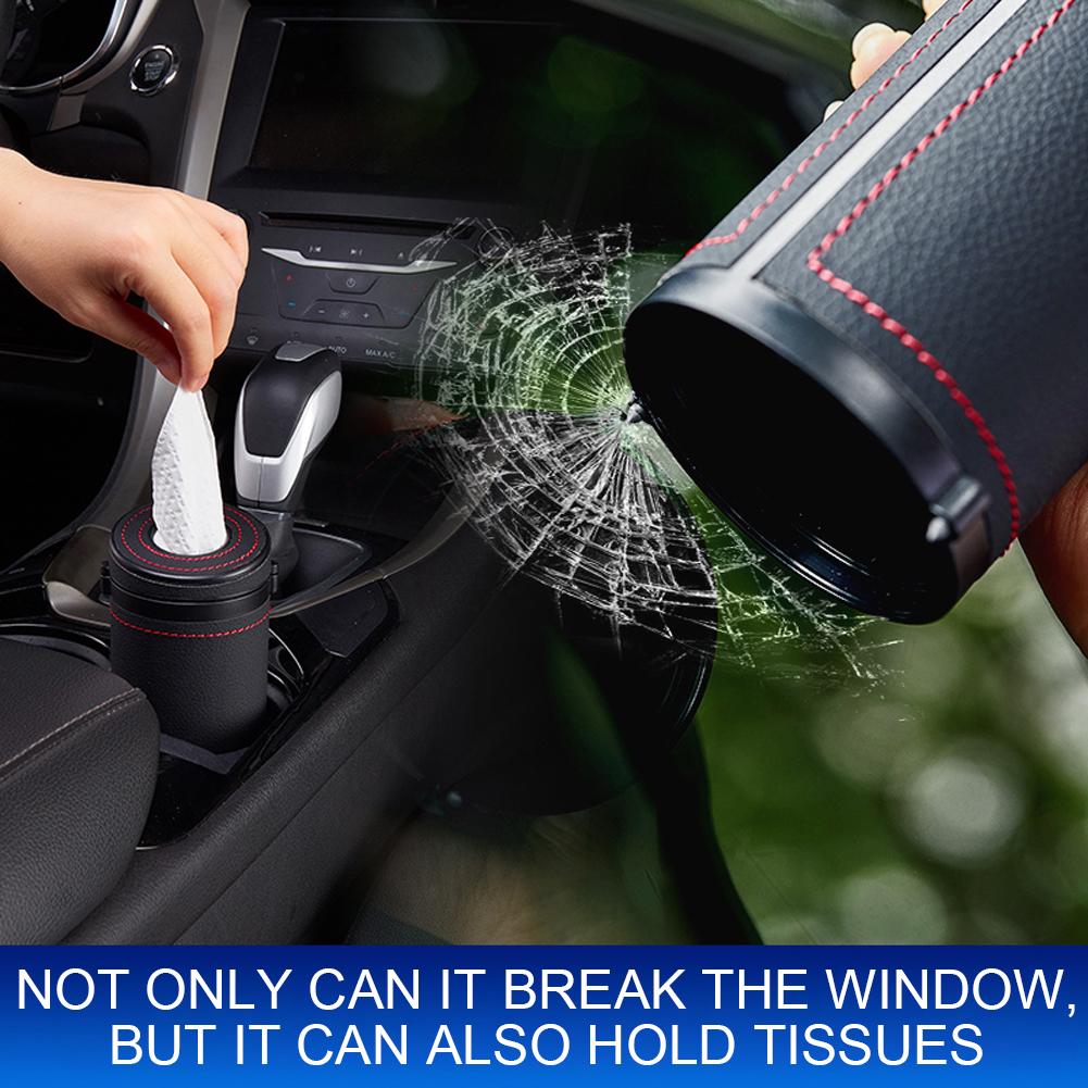 Auto Tissue Box with Safety Hammer Leather Auto Round Paper Tube Armrest Box Storage Case Interior Accessories for the Car