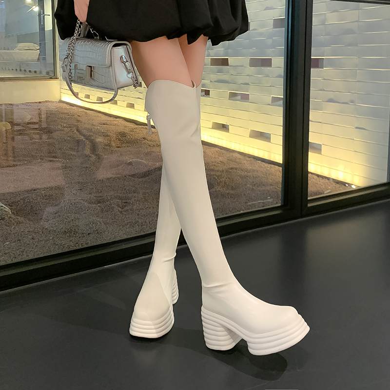 Krazing Pot Chaussures en cuir microfibre pour femme, bottes imperméables à bout rond, talons hauts épais, fermeture éclair sur le devant, automne et hiver