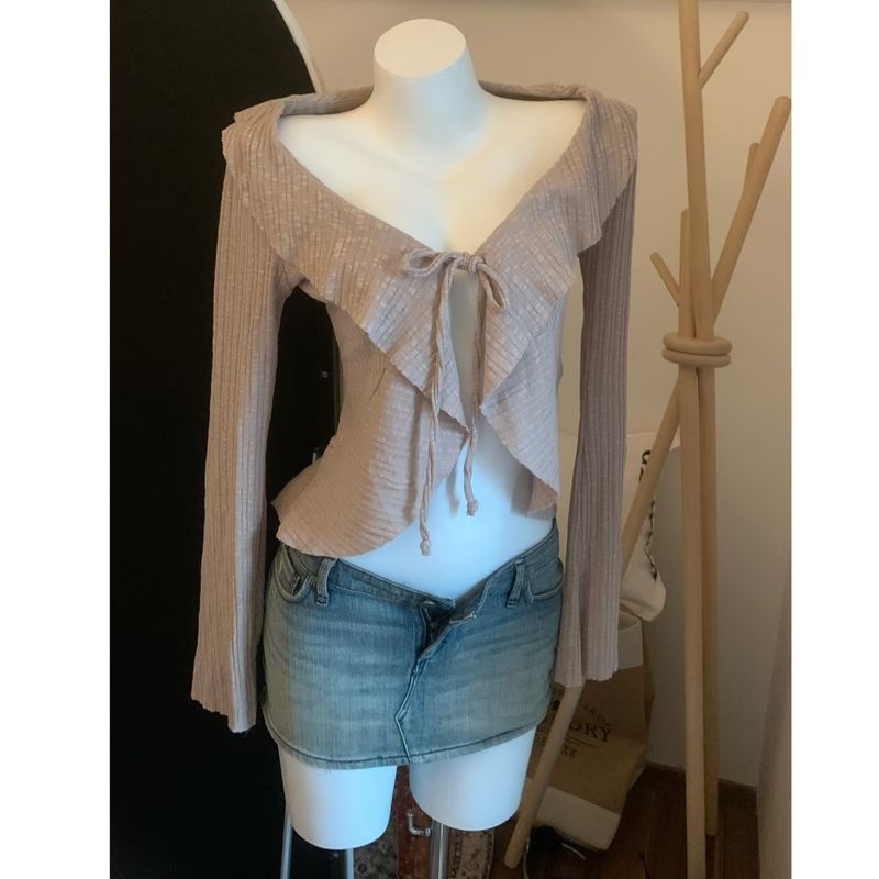 

F21 Sweetheart Ruffles American Short Lace-up Cardigan Tops Long Sleeves C300 Flax apricot XS