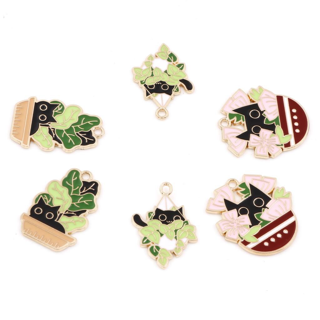 10PCs Cartoon Enamelled Cat Charms Zinc Alloy Animal Flower Leaves Pendants For DIY Making Necklace Bracelets Jewelry Findings