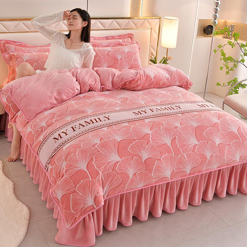 Thickened Milk Fleece Four-Piece Coral Fleece Quilt Cover, Bed Sheet Fleece Double-Sided Fleece Flannel Bedding, Bed Skirt