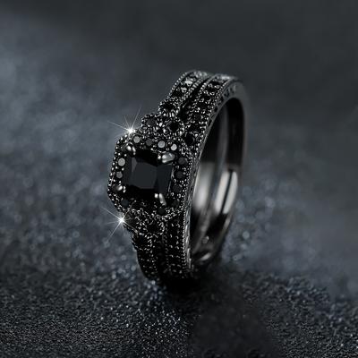 2Pcs Gothic Style Promise Rings Inlaid Black Cubic Zirconia Engagement Wedding Rings Set for Cool Girls Multi Sizes To Choose Party Accessories