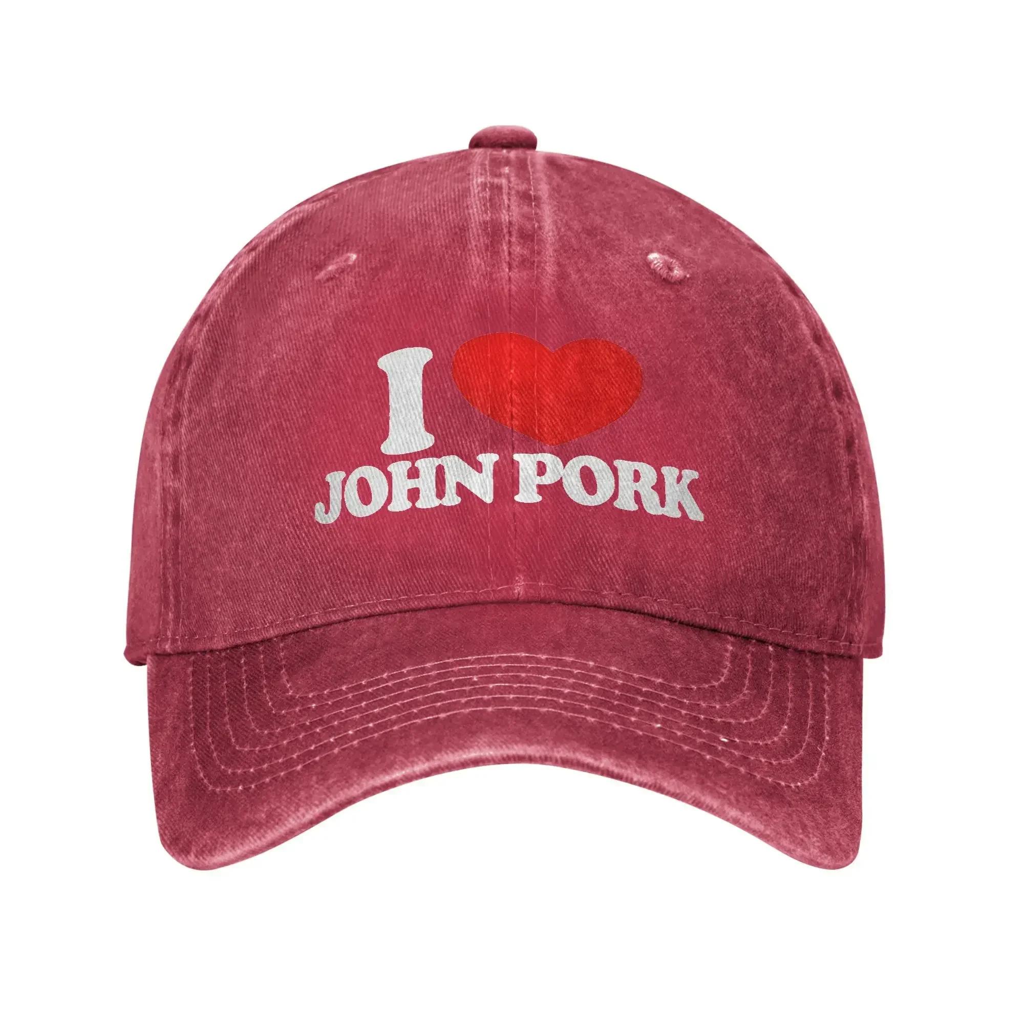 I Love John Pork Red Heart Printed Caps for Unisex Women Cotton Trucker Hat Daily Headwear Baseball Cap Adjustable One Size