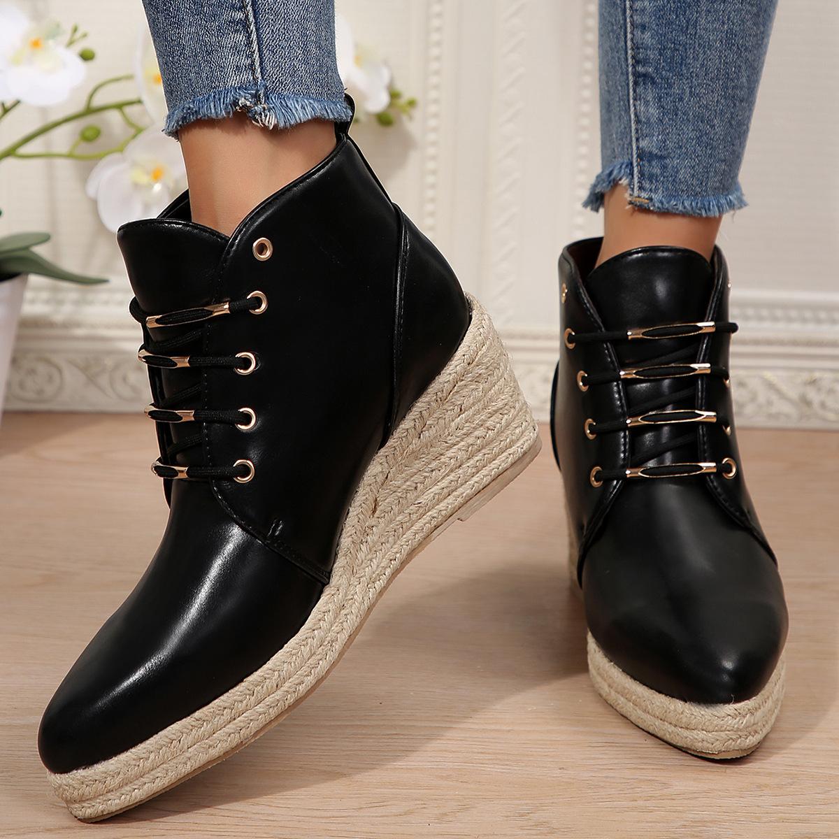 

Wedge heel thick-soled pointed short boots solid color front lace-up straw hemp rope bottom 36 чорний