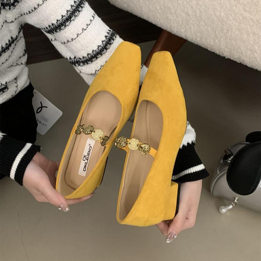 French single shoes Korean temperament with small leather shoes women's metal chain square head shallow mouth high-end Mary Jane shoes