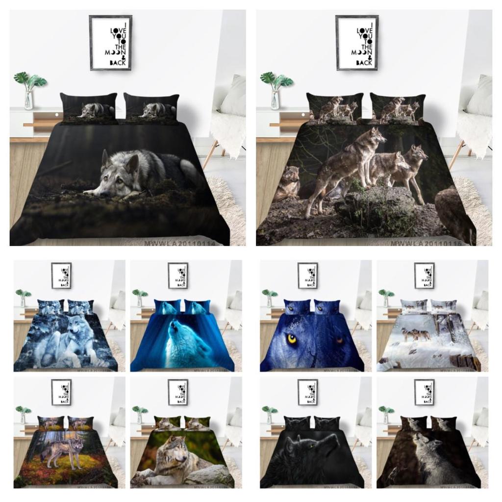 Hot Salg Dynetrekksett 2/3 stk Sengedrakt Wolf Printing Dynetrekksett Grønn soveromsdekorasjon