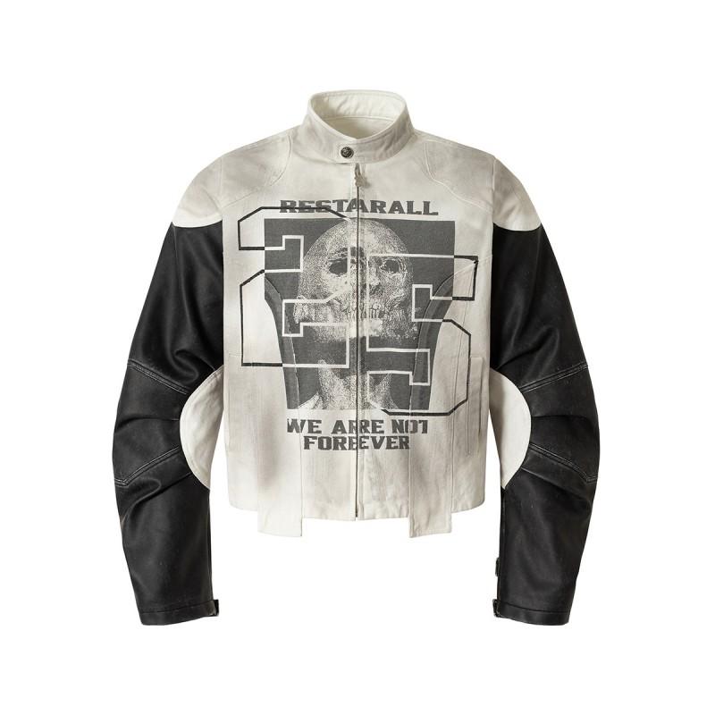 Mens Streetwear Biker Jacket With Skull Patch PU Leather Panel Structured Stitching Loose Fit Fall