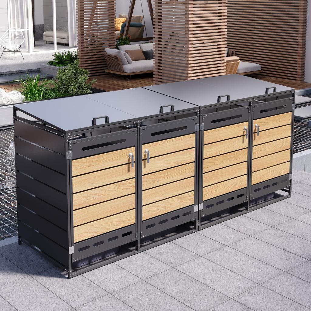 Set of 4 Wheelie Bin Boxes with Hydraulic Lid, Horizontal Wood-look Cladding, Slotted Ventilation, Iron Garden Storage Cabinet with Lock