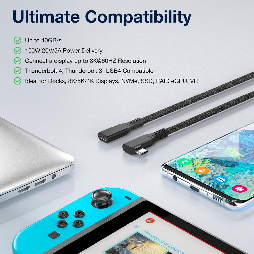 Erweiterung USB4 Erweiterung Thunderbolt Lade Stecker zu Kompatibel mit iPhone iPad Galaxy und Anderen Geräten 0.6M L-förmiges USB-C Kabel, 40Gbps, Kabel,