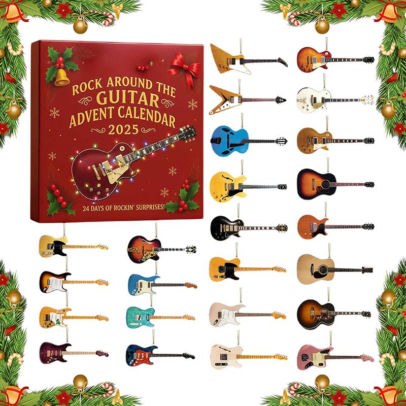 2025 Rock Around The Guitar Adventní kalendář, 24 dní Vánoční odpočítávací kalendář, s 24 mini kytarovými ozdobami