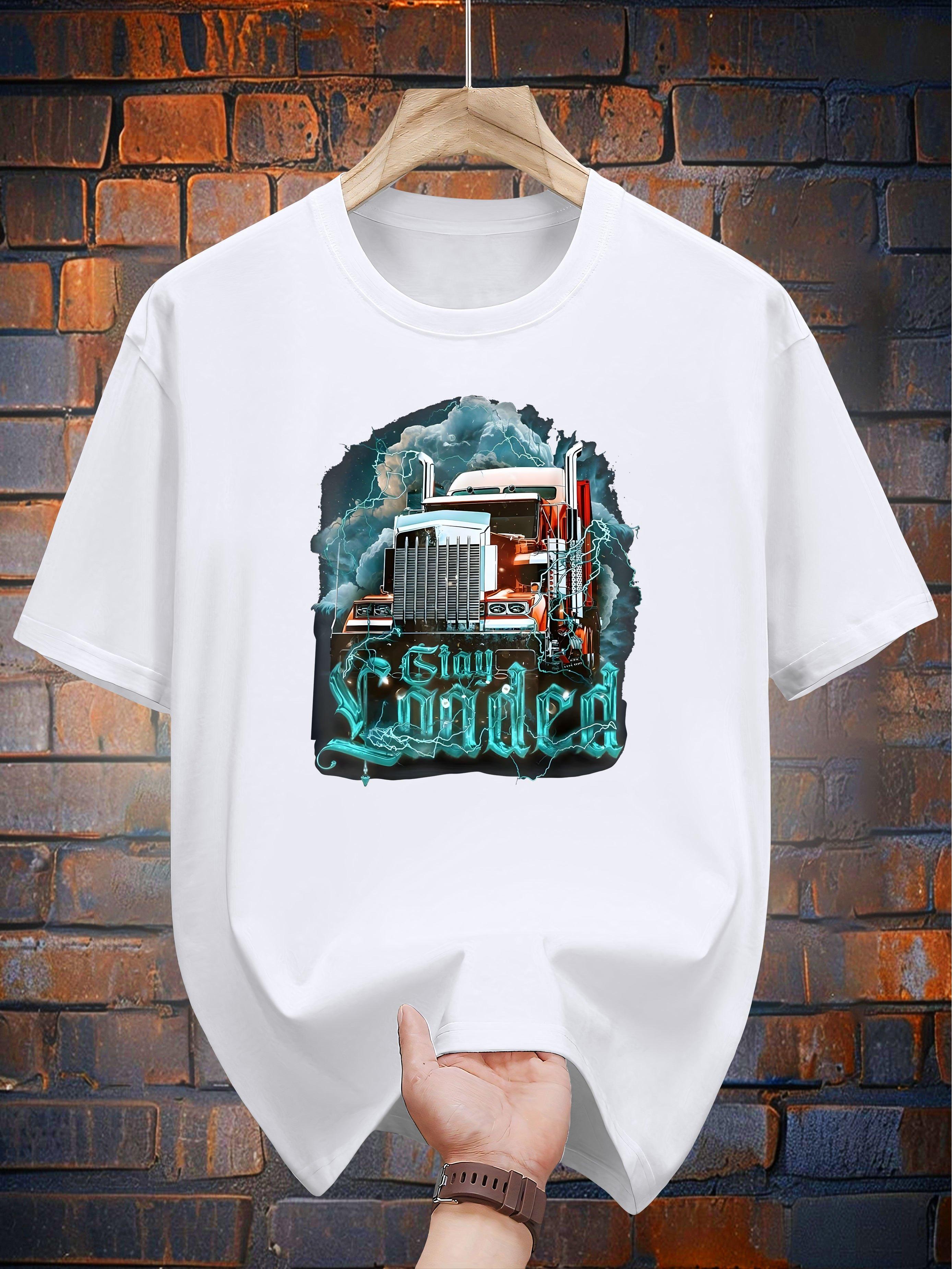 

200g 100% Cotton Graphic T-shirt - Navy Blue Stay Loaded Retro Truck & Beer Print Casual Summer Tee L