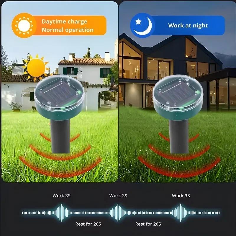 Solcelledrevet ultralyd, sonisk føflekk, skadedyr, gnageravstøtende, hage, utendørs lampe, bakgård, jordbruksland, mus,