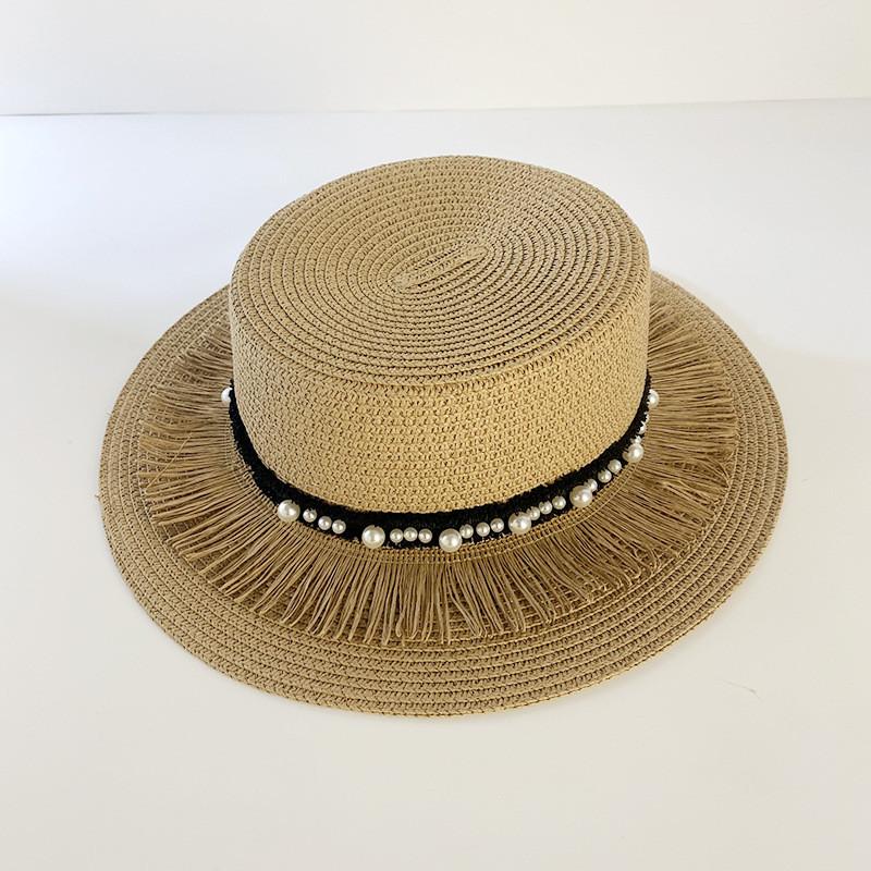 Women's Vintage Pearl Tassel Sun Hat French Retro Wide Brim Straw Hat
