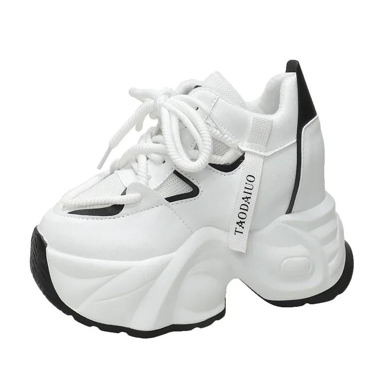 Fashion 11CM Women Autumn Leather Chunky Sneakers Winter High Platform Warm Fur Casual Shoes Wedge Heels Sports Plush Snow Shoes Woman