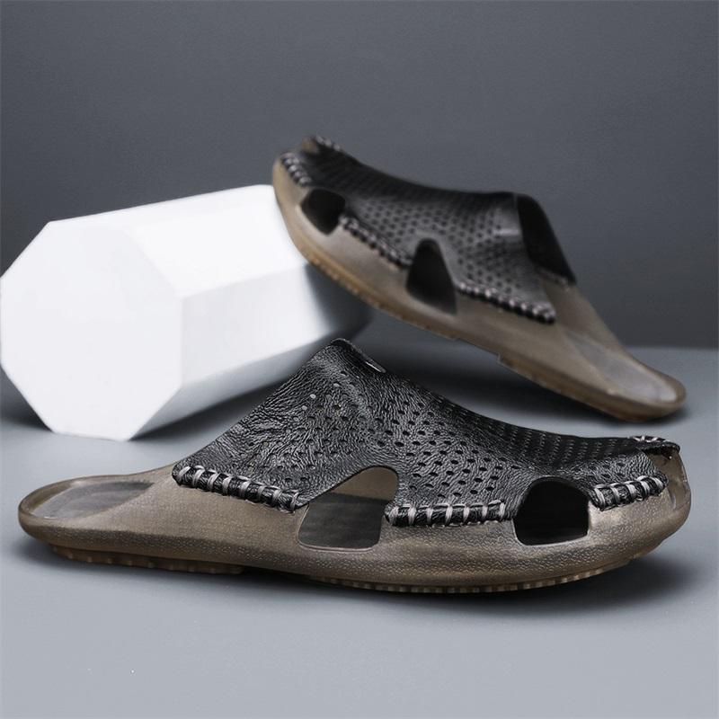 Fashion Quick Dry Men's Leather Slides Comfortable Male Slippers Anti-Slip Outdoor Half Drag Handmade Hollow Out Sandals Man Flip Flops