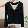 Patchwork Fake Two-Piece T-Shirt V-Neck Women's Layering T-Shirt Long Sleeve Top  Spring Season