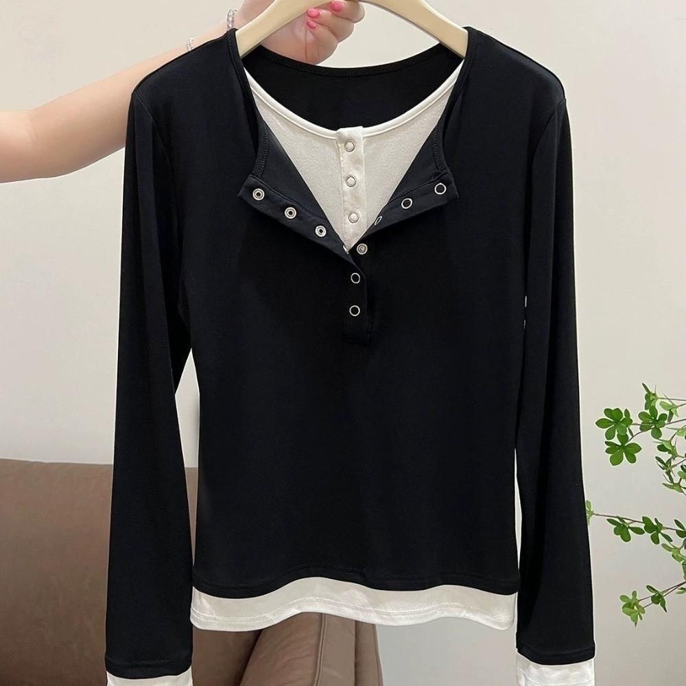 Patchwork Fake Two-Piece T-Shirt V-Neck Women's Layering T-Shirt Long Sleeve Top Spring Season