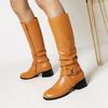 Fashion 2025 White Female Zip Leather Knee High Boots Women Buckle Long Knight Boots Female Combat Boots Ladies Low Heels Shoes Yellow