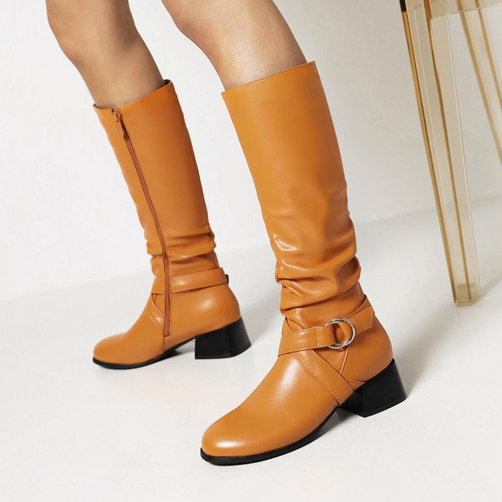 Fashion 2025 White Female Zip Leather Knee High Boots Women Buckle Long Knight Boots Female Combat Boots Ladies Low Heels Shoes Yellow