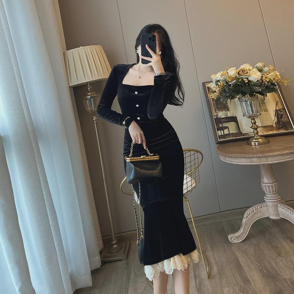 French Hepburn-Style Black Velvet Long Fishtail Skirt—Square Collar, Long Sleeve, For Spring & Autumn