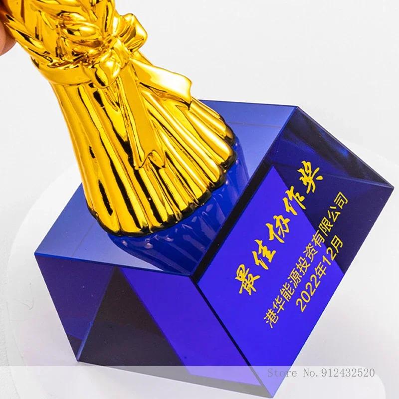 Customized Five pointed Star Pillar Crystal Trophy, Excellent Souvenir Reward Home Decoration Honor Gold Silver Copper Medal 1Pc