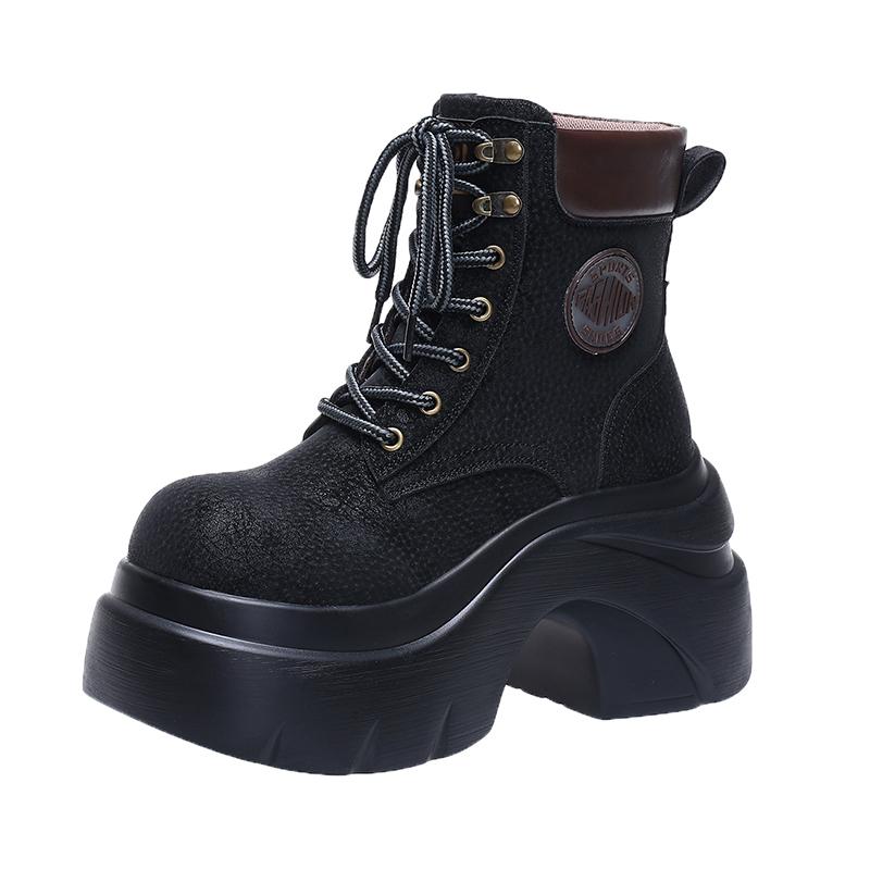 8CM Women New Autumn Winter Leather Mid-calf Boots Chunky Heels Motorcycle Boots Woman Thick Bottom High Platform Short Booties