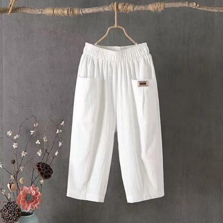 Women's Casual Summer Cotton Hemp Cropped Pants Wide Leg Mid Rise Elastic Waistband Solid Color Comfortable Trendy