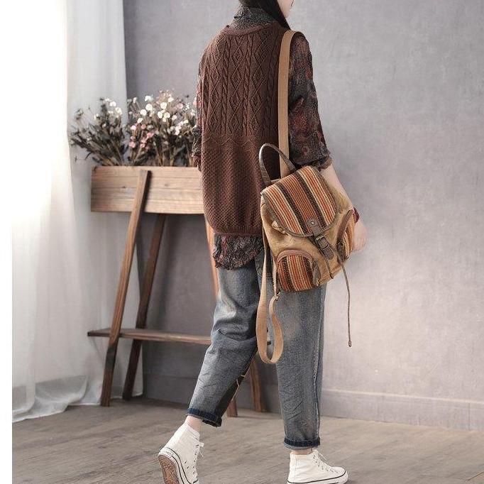 Spring Autumn Vintage Knitted Vest Women Loose V-neck Double Pocket Sleeveless Sweater Knitted Waistcoat Outwear