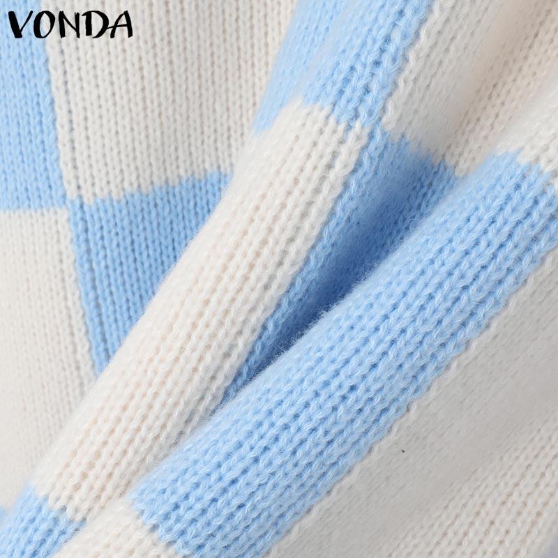 VONDA Autumn Women Round Neck Long Sleeve Plaid Pullover Long Sweaters