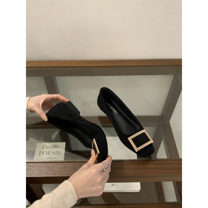 2025 New Korean Version Square Buckle Velvet Square Head Low Heel Single Shoes Burgundy