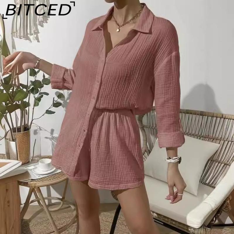 BITCED Mode Printemps et Été pour Femmes Costume de Chemise à Manches Longues Couleur Unie Ensemble Deux Pièces Short Ample Décontracté pour Femmes