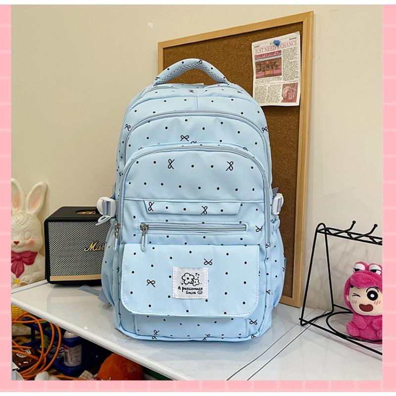 School Bag, Primary and Secondary School Students, Girls, Heart Polka Dots, Bows, All-match New High-value Backpack for Women