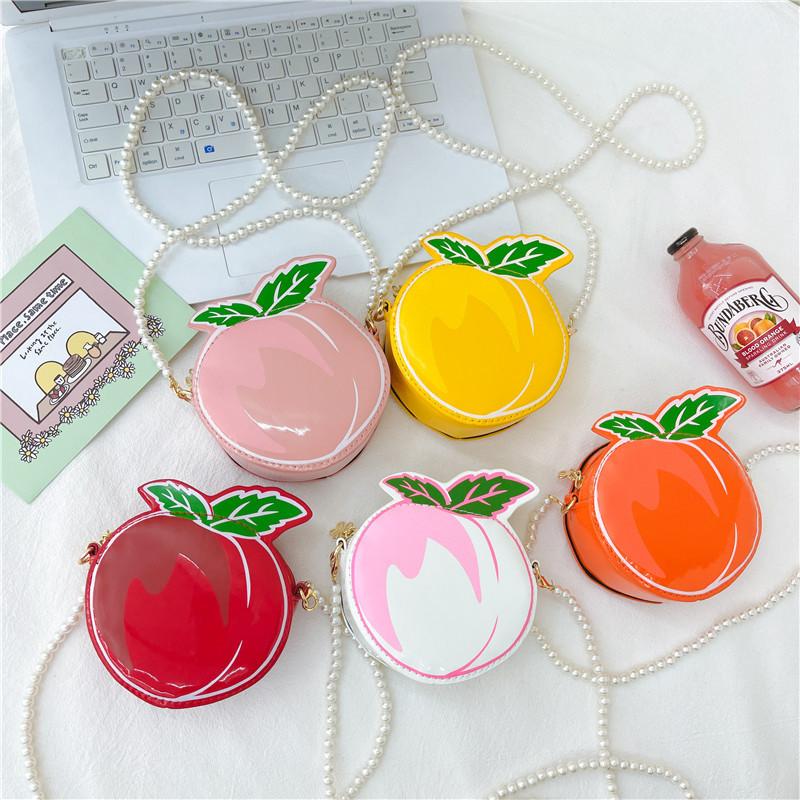 Peach Shaped Children Shoulder Bag Simulation Pearl Chain Casual Bag Crossbody