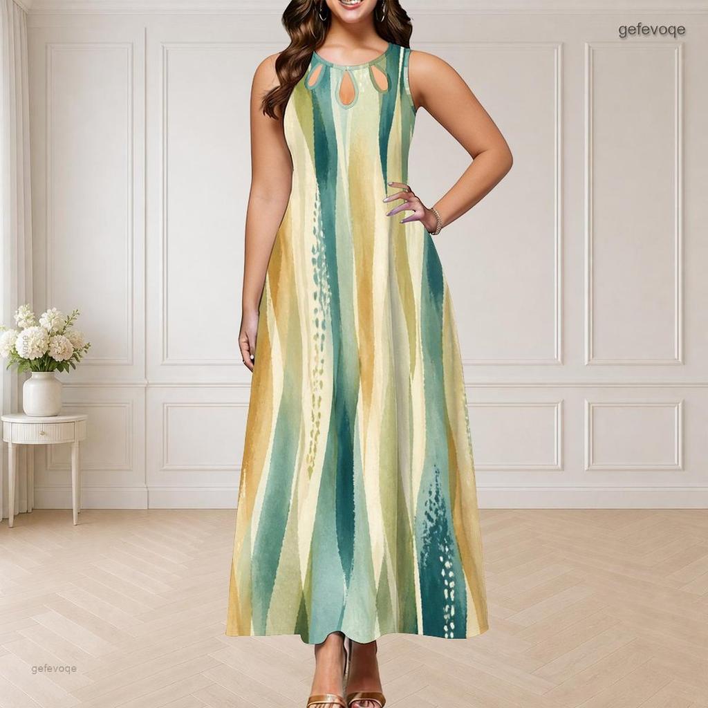 Women Plus Size Round Neck Triple Keyhole Cutout Sleeveless Printed Navy Blue Long Dress