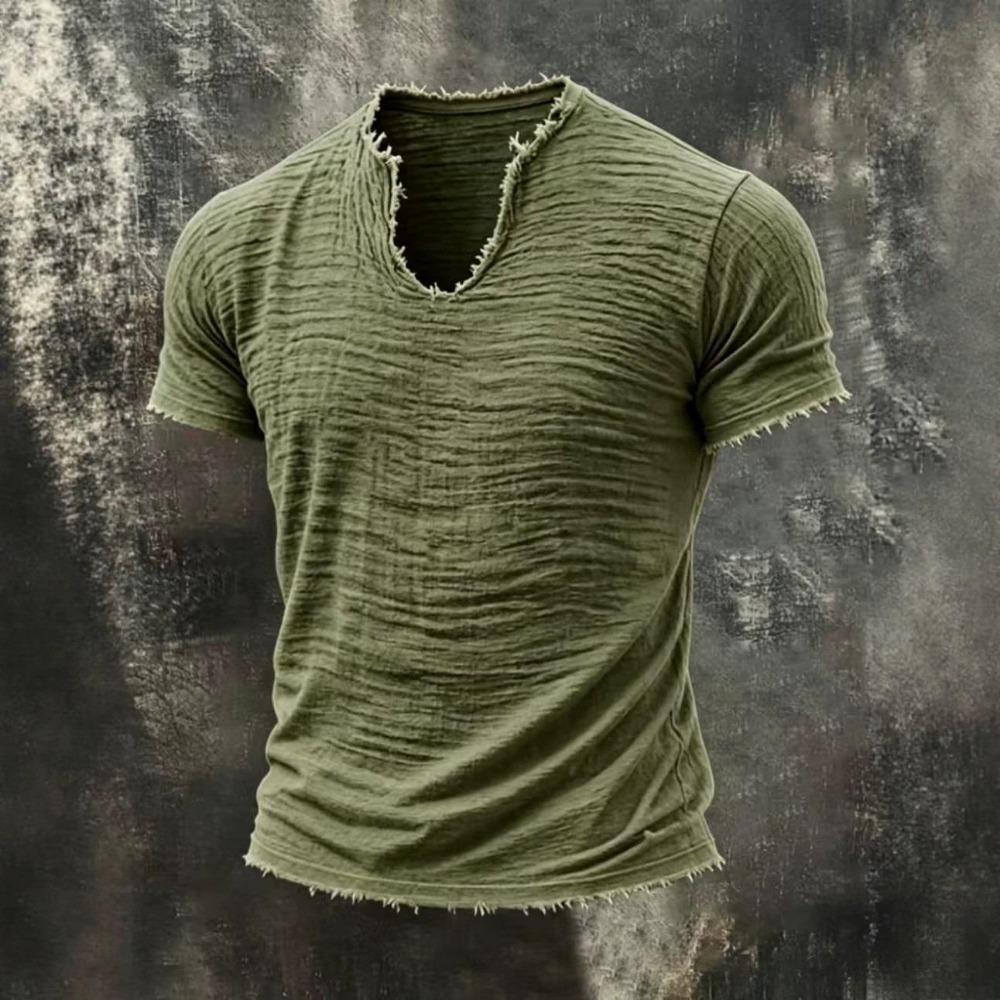 2026 Solid-color Men's Retro Cotton-Linen Mustache Edge Special V-Neck Short-Sleeve T-Shirt
