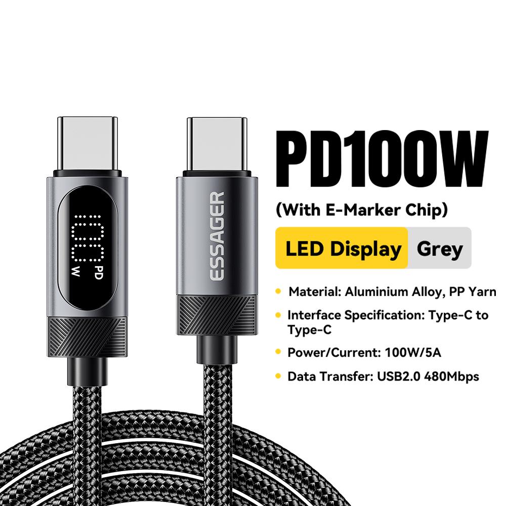 

Essager Digital Dispaly USB C Cable For 17 16 15 Huawei 100W PD Fast Charging For Macbook iPad Type C to C Cable 2m