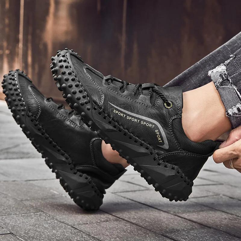 Large-sized Hand-stitched Casual Men's Shoes, Outdoor Anti-slip and Wear-resistant Men's Leather Shoes