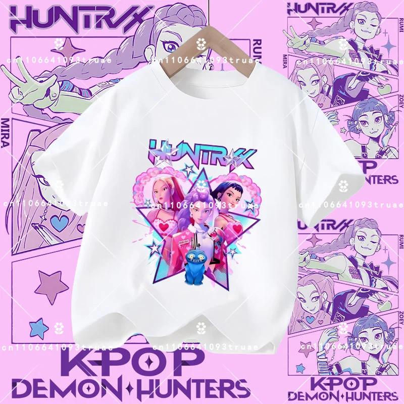 Summer T-shirt casual top with cartoon print, children's pure Polyester short-sleeved K-pop Demon Hunter girl cute sports shirt