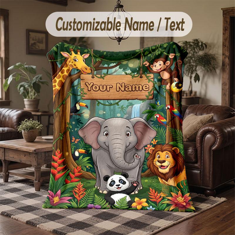 Wildlife Animals Theme Throw Blanket Custom Name Text Personalized Blanket Soft Cozy Blanket for Home Sofa Bed