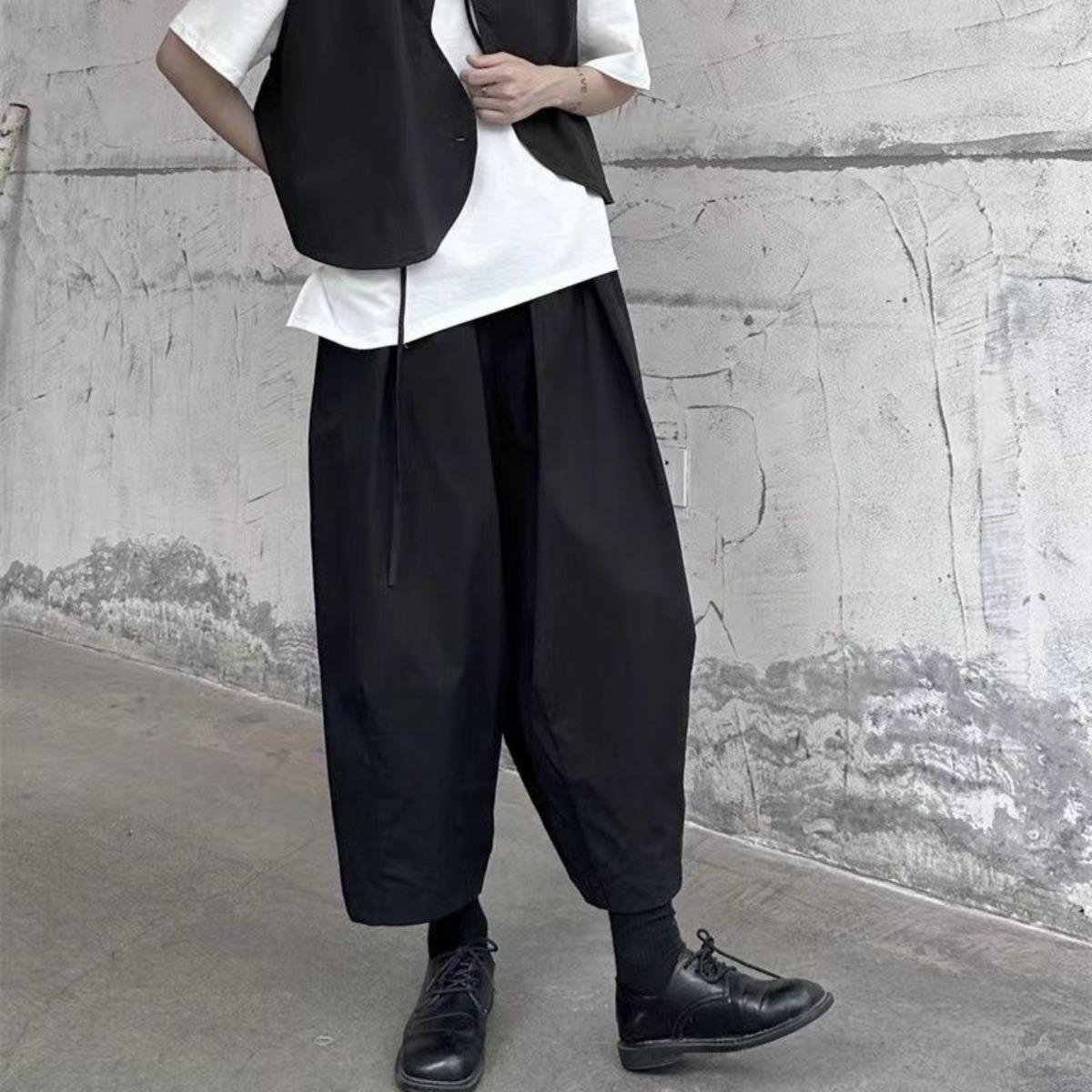 

Брюки с высокой эластичной талией, черные плиссированные, длинные с широкими штанинами, новые, свободного кроя, женская модная модель, тренд, весна-осень M чёрный