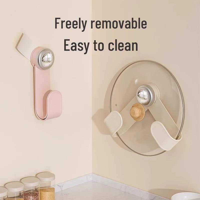 Wall-Mounted Rotating Pot Lid Organizer with Suction Cup, Punch-Free Kitchen Storage Rack for Hanging and Cutting Boards.