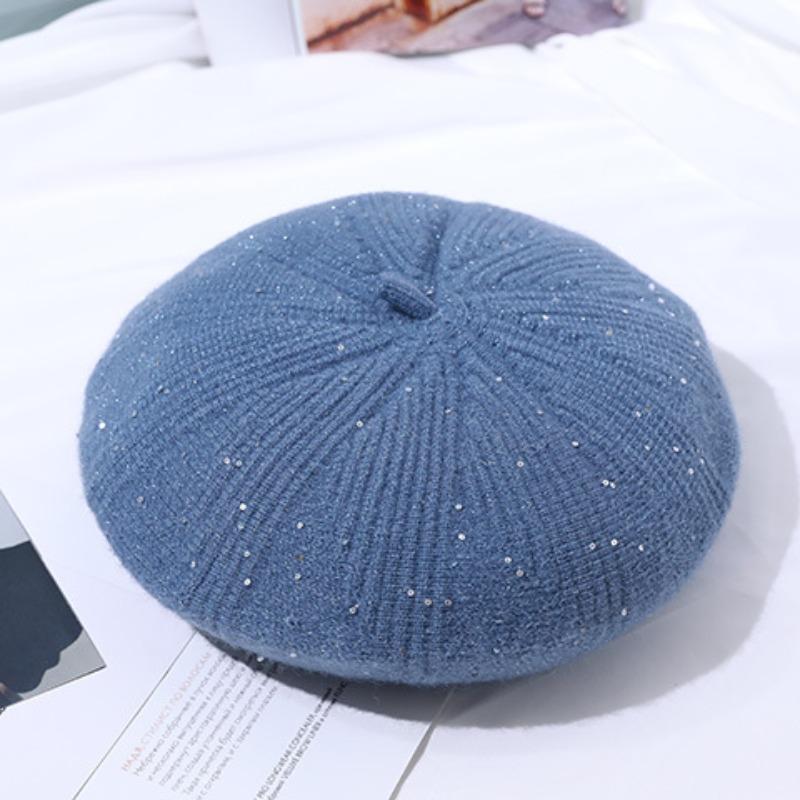 Glitter beret women's autumn and winter woolen hat with fleece winter knitted hat solid color women's hat