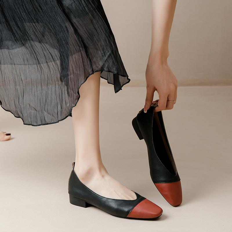 Kožené ležérní explozivní barevné sladění ploché jednobotky módní prošívání čtvercová špička francouzský lehký střih nízký podpatek babičkovské líné boty ženy