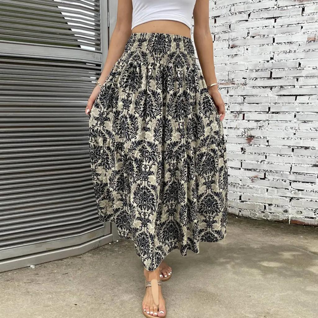 Women's Smocked Floral Maxi Skirts Summer Tube Dresses  Long A Line Pleated Beach Skirt